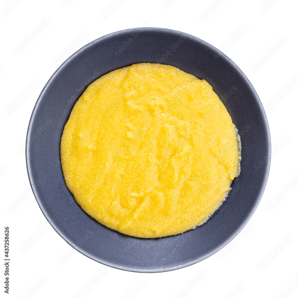 top view of cooked maize porridge in gray bowl top view of cooked maize porridge in gray bowl