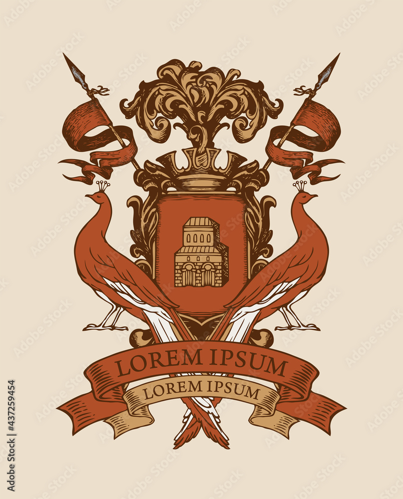 Vector heraldic Coat of arms with peacocks, crown, spears, ribbon and