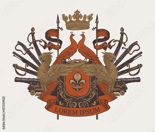 Medieval Coat of arms with griffins, peacocks, knightly shield, spears, flags, sabers, swords, cannons, crown and fleur-de-lis. Hand-drawn vector illustration, emblem, sign, symbol in vintage style