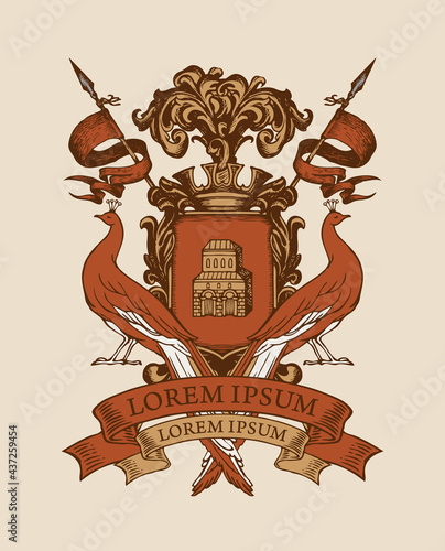Vector heraldic Coat of arms with peacocks, crown, spears, ribbon and knightly shield with an old castle. Hand-drawn illustration in vintage style. Medieval heraldry, emblem, sign, symbol