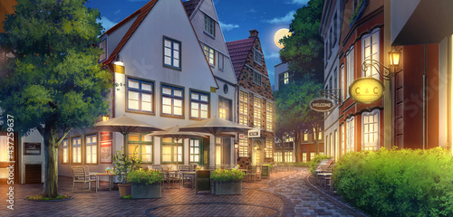 2D Illustration of Schnoor at the Nighttime, Anime background.	
 photo