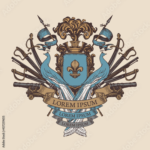 Medieval hand-drawn Coat of arms with blue peacocks, knightly shield, spears, flags, sabers, swords, cannons, crown and fleur-de-lis. Ornate vector illustration in vintage style, emblem, sign, symbol