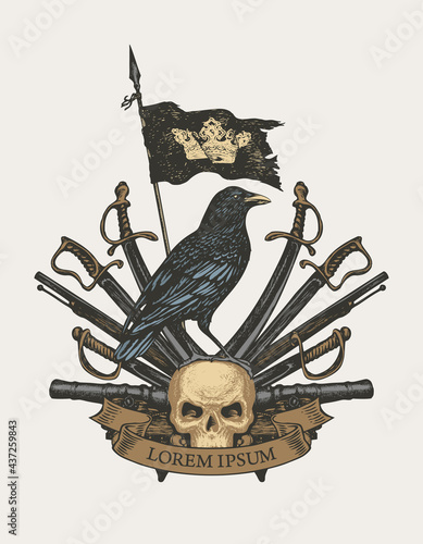 Old heraldic Coat of arms in vintage style with raven, black flag with crown, sabers, swords, cannons and human skull. Vector hand-drawn image, heraldry, emblem, sign, symbol. Inscription Lorem ipsum