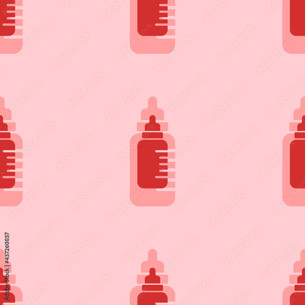 Seamless pattern of large isolated red feeding bottle symbols. The elements are evenly spaced. Vector illustration on light red background Seamless pattern of large isolated red feeding bottle symbols. The elements are evenly spaced. Vector illustration on light red background