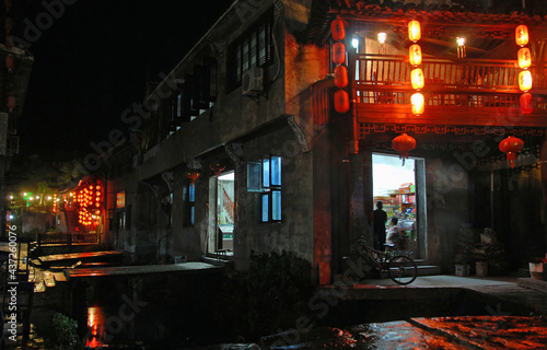 Xiao Likeng in Wuyuan County, Jiangxi Province, China. Xiao Likeng is an ancient town in Wuyuan County known for its Tang Dynasty architecture. View of the town at night with red lanterns