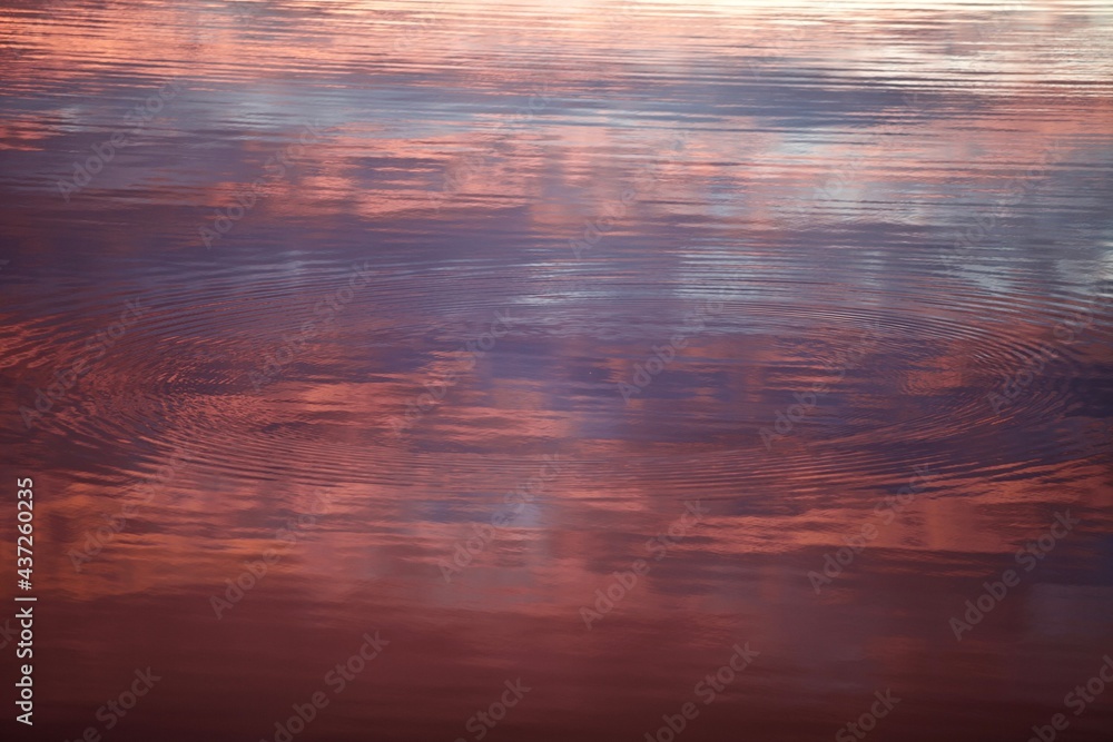 High-contrast shadows and bright reflections on the scarlet surface with purple tints close-up. Ripples on colorful water surface. Abstract backgrounds and textures. Sunset sky reflected in the water.