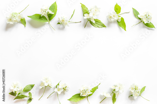 White jasmine flowers with green leaves flat lay © 9dreamstudio