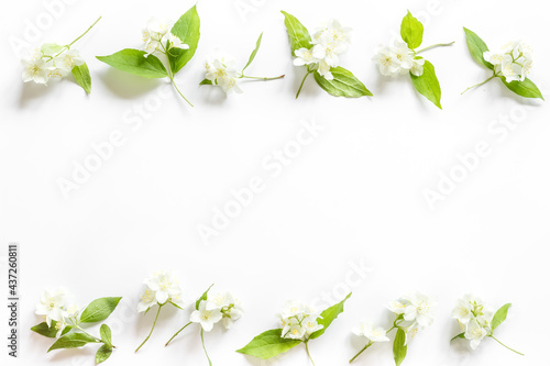 White jasmine flowers with green leaves flat lay