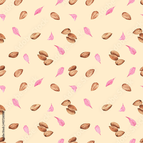 Seamless pattern with almond nuts and flower petals on a warm beige background. Watercolor hand painted elements. Cute and cozy artwork for fabric, wrapping paper, backdrops and home decor.