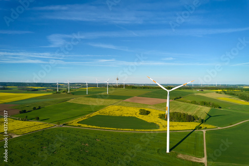 many wind turbine in the field, blue sky. aerial view 