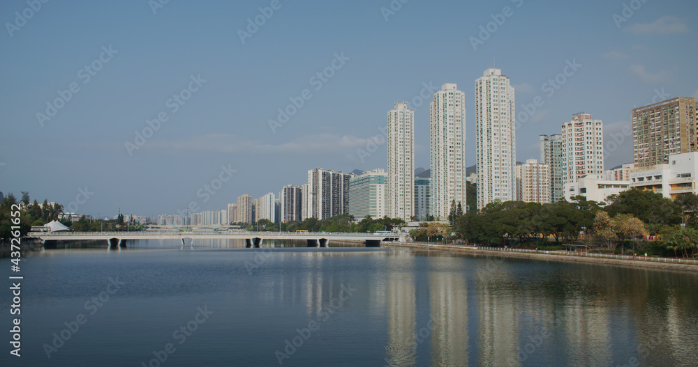 Shing Mun River Channel and hong kong residential building