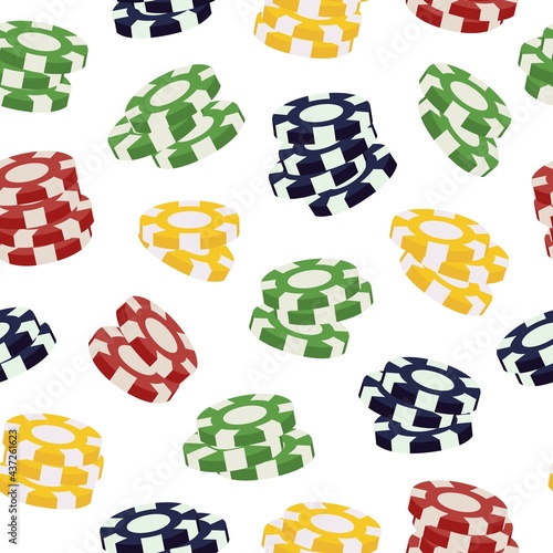 Round red, yellow, green, and black stacks of flying 3D casino chips in seamless pattern. Colorful realistic casino tokens, gaming checks, or cheques, for table game of chance, gambling