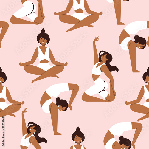 Vector illustration set with young women doing yoga exercising. Various of yoga poses. Seamless pattern.
