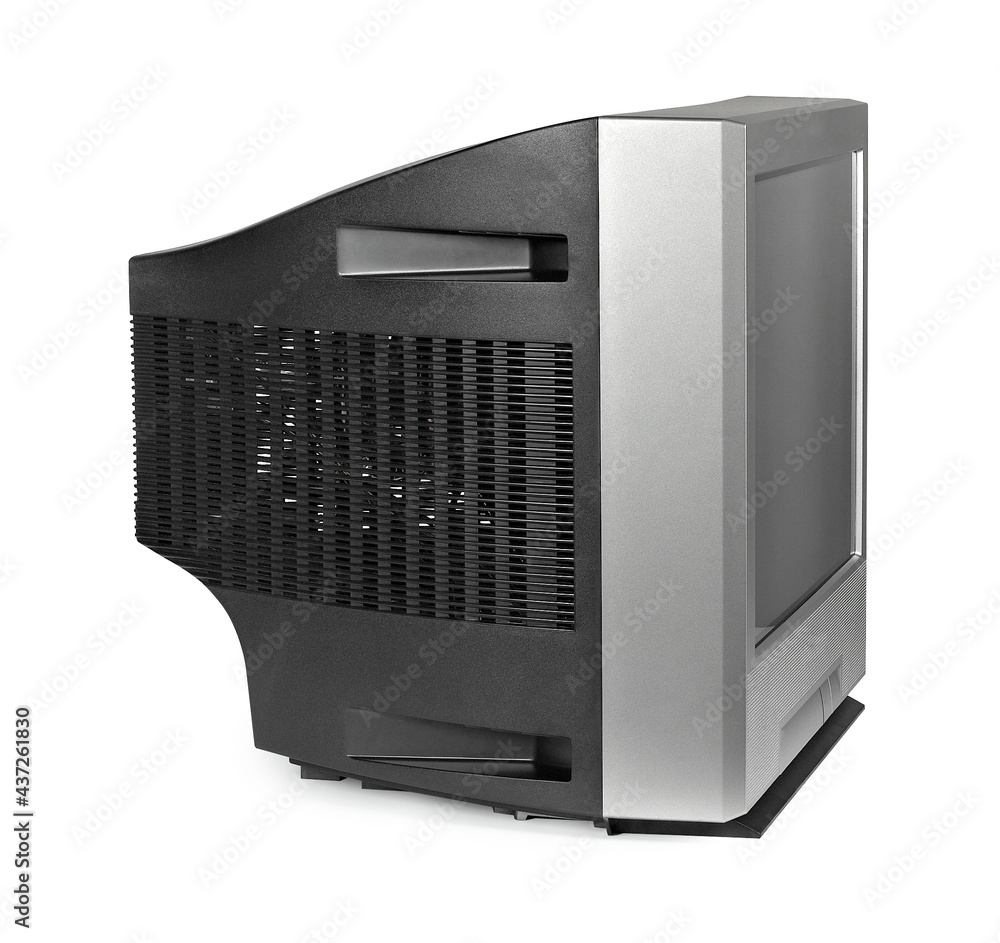 Fototapeta premium old cathode television, seen in profile, isolated on white background