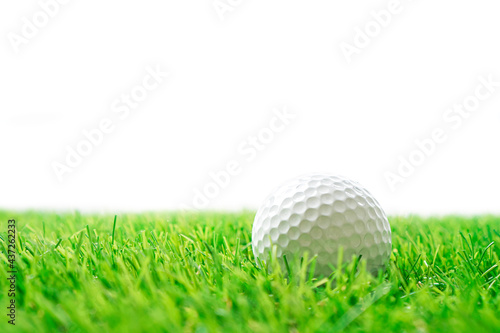 Golf ball and artificial grass on the white background.
