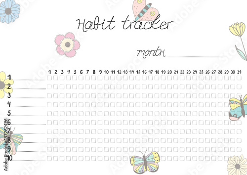 Printable A4 paper sheet with hand drawn flowers and lines for marks for fulfilled habits. Minimalist planner for  bullet journal page, habit tracker, daily planner template, blank for notebook.