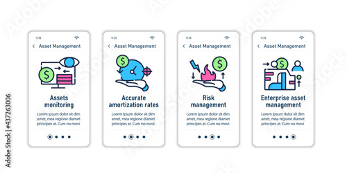 Asset management onboarding mobile app screens.Monitoring, amortization rates, enterprise management. Control steps menu. Set of UI, UX, web template with RGB color linear icons