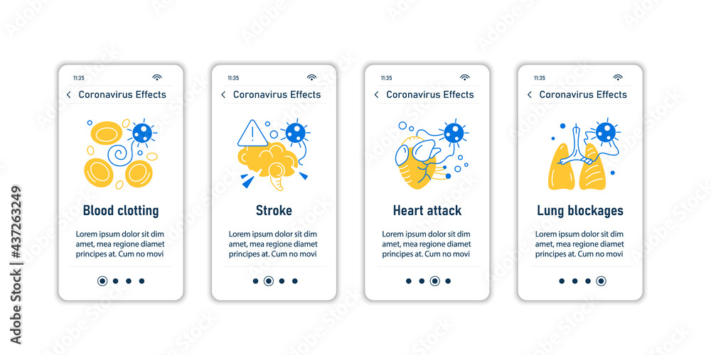 Corona virus effects onboarding mobile app screens.Covid long term system health damage steps menu. Set of UI, UX, web template with RGB color linear icons Corona virus effects onboarding mobile app screens.Covid long term system health damage steps menu. Set of UI, UX, web template with RGB color linear icons