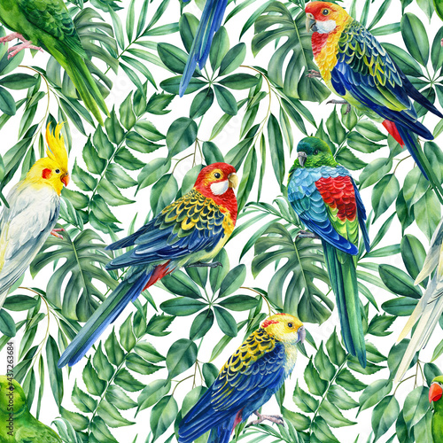 Фототапет Wild tropical birds parrots and palms