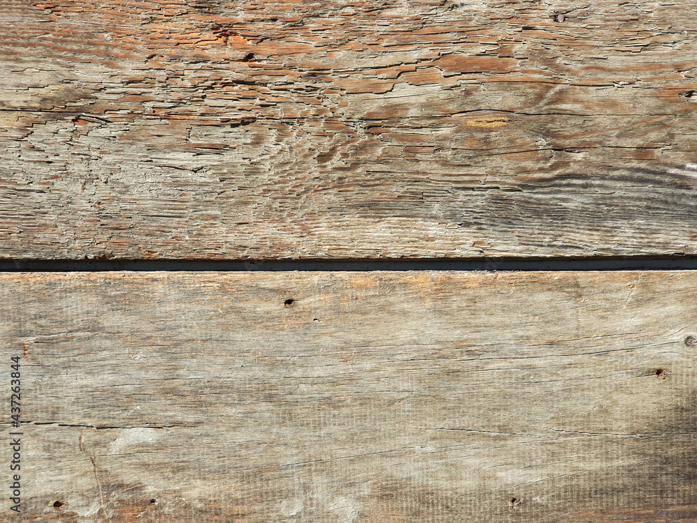 Old wood boards texture background. Weathered wooden wall with horizontal planks. Closeup, two boards.
