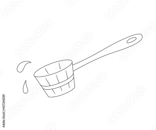 Wooden scoop for water and use in a sauna or steam room. Contour black and white isolated illustration in doodle style on white background.