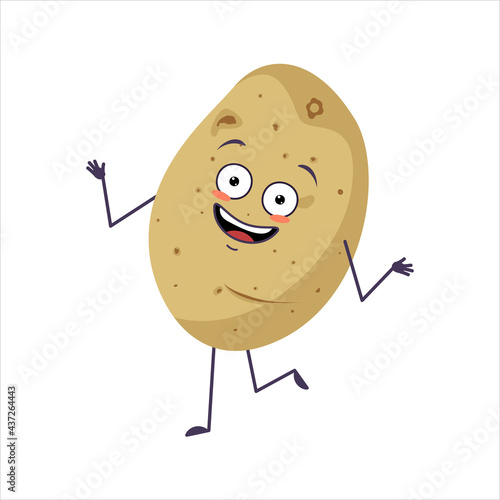 Cute potato character cheerful with emotions dancing, smiling face, arms and legs. The funny, happy or smile hero, joyful vegetable