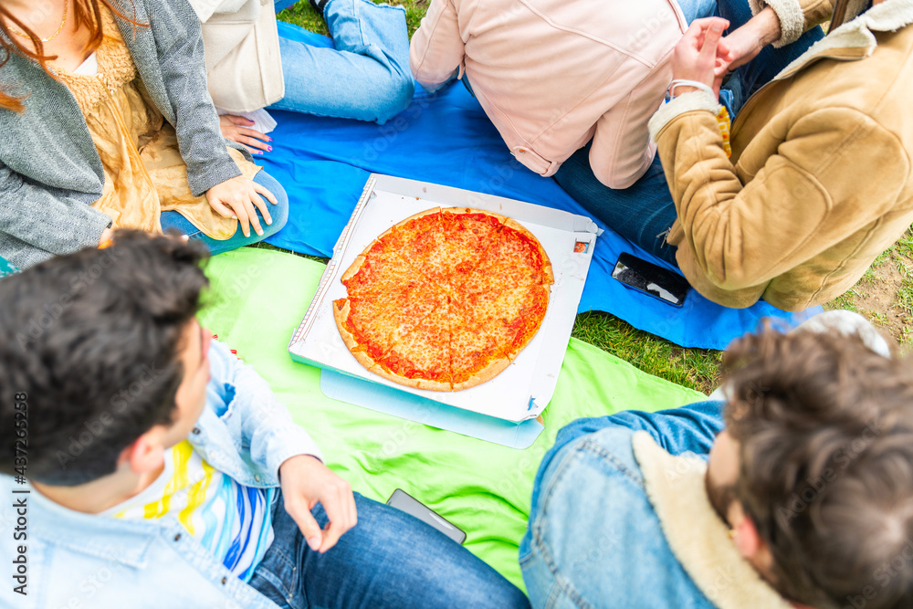Young people with delivery pizza in a park.