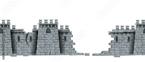 Stone castle wall, vector seamless medieval brick tower ruin background, isolated on white. Game fortification building, broken cracked fortress illustration. Castle wall fantasy historical wallpaper