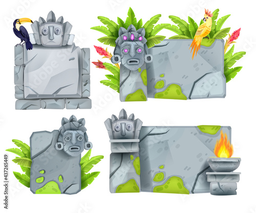 Stone sign board set, vector game UI boulder panel collection, totem faces, toucan, fire, moss. Jungle rock tablet, Aztec tiki mask, interface object illustration. Old cracked stone sign background