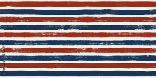 Stripes seamless pattern, red and blue patriotic striped vector background, american watercolor brush strokes. USA colors grunge stripes