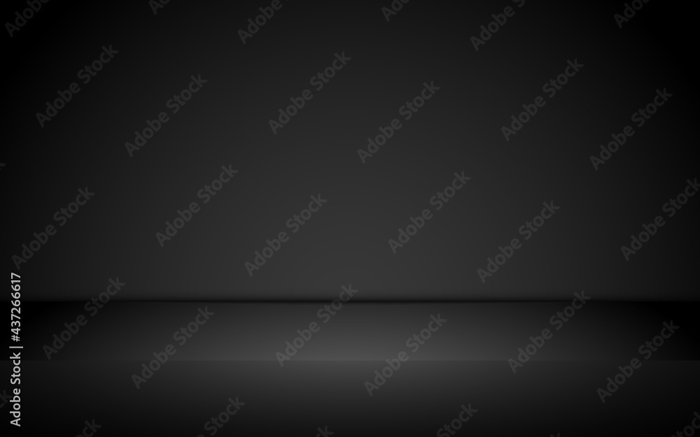Black studio background. Dark wall backdrop. Elegant room template for displaying product. Business layout for advertising. Black mockup with soft light. Vector illustration