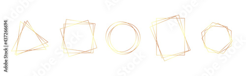Gold frames collection. Wedding invitation elements. Shiny geometric borders on white background. Modern golden stripes. Luxury design templates. Vector illustration