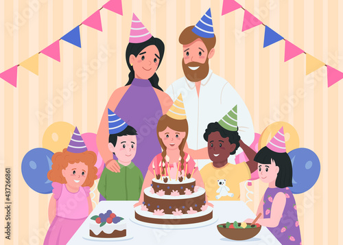 Kids birthday indoors flat color vector illustration. Parents in party hats. Girl ready to blow candles on cake. Family and friends 2D cartoon characters with home interior on background