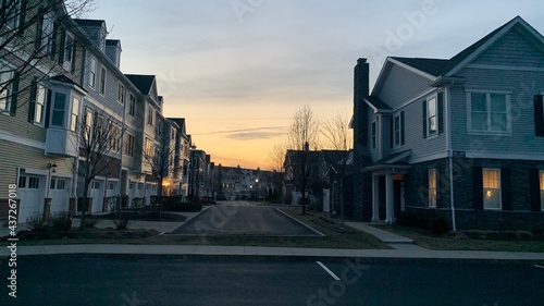Hingham Shipyard condos in the sunset, Streets lit by streetlights