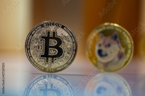 Bitcoin BTC & dogecoin virtual cryptocurrency in front of abstract digital background photo