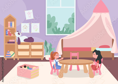 Child bedroom for female toddler flat color vector illustration. Cozy home space for children. Playroom for kid. Kindergarten room 2D cartoon characters with pink furniture and toys on background