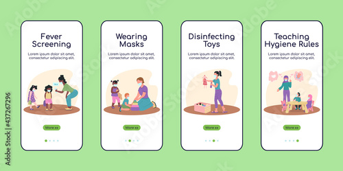 Kindergarten during covid onboarding mobile app screen flat vector template. Walkthrough website 4 steps with characters. Creative pandemic UX, UI, GUI smartphone cartoon interface, case prints set