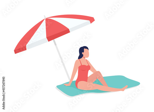 Sunbathing under sun umbrella semi flat color vector character. Relaxing figure. Full body person on white. Beach time isolated modern cartoon style illustration for graphic design and animation