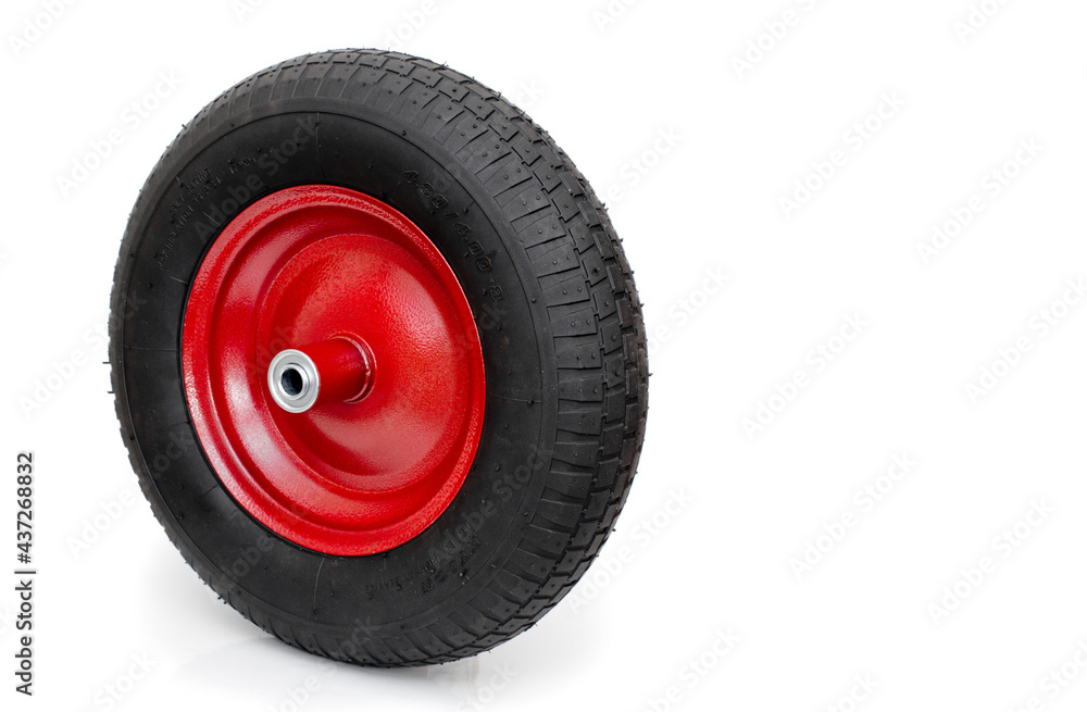 Red wheel and black tire on white.