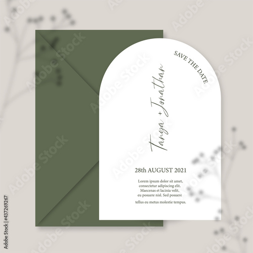 Modern wedding invitation, burnt green wedding invitation template, arch shape with Gypsophila shadow and handmade calligraphy.