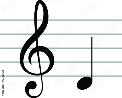 Black music symbol of G clef with note D or RE on ledger lines