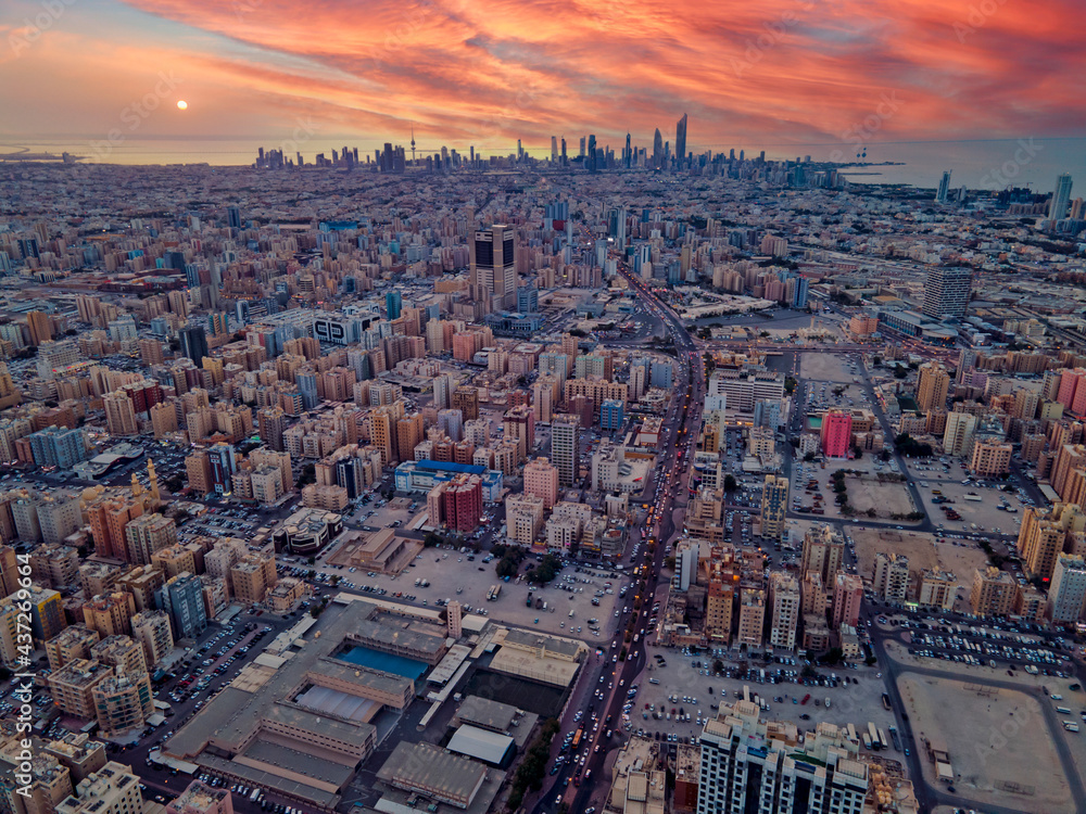Beautiful Sunset Over The Kuwait City Skyline - Aerial Landscape Shot From Above Hawalli CIty