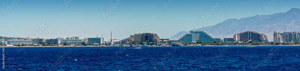 
Panoramic view. Resort hotels in Eialt  - Israeli southernmost and famous tourist city, located on the northern shores of the Red Sea
