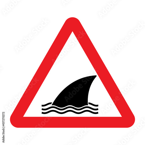 Shark warning sign. Vector illustration of red triangle sign with shark fin icon inside. Caution dangerous fish. Symbol used in beach. Entering the water is hazardous. Dangerous sea creature.