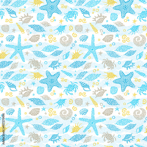 Blue seamless sea life background with sea elements. Ornate maritime decor from drops. Spotty sea backdrop