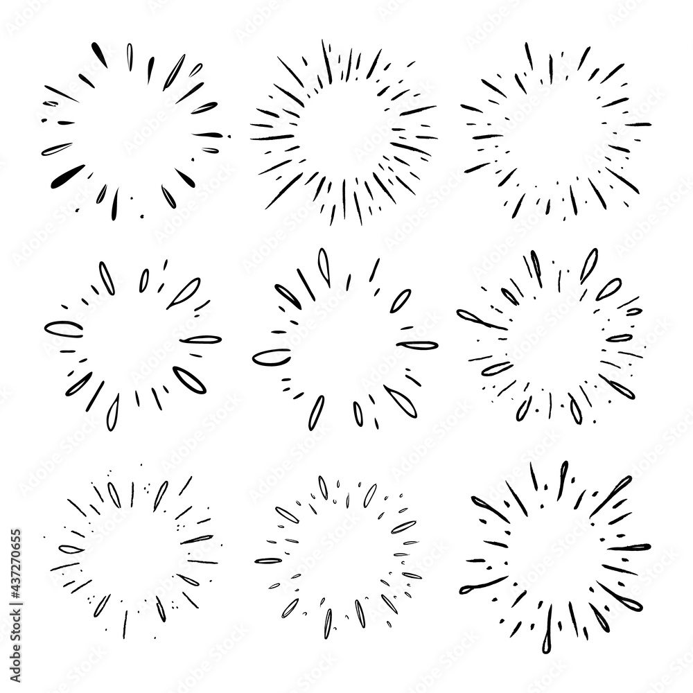 Star burst hand drawn doodles. Sunburst graphic design set. Handmade radial starburst illustrations. Star burst hand drawn doodles. Sunburst graphic design set. Handmade radial starburst illustrations.