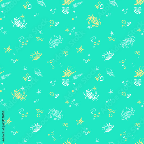 Turquoise seamless sea life background with sea elements. Ornate maritime decor from drops. Spotty sea backdrop