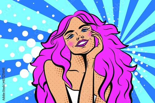Girl smiles in pop art style. Vector background in comic style retro pop art. Illustration for print advertising and web.