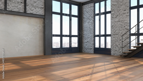 3d Illustation - Leerstehendes modernes Loft - Studio - Atelier mit großen Fenster und einer Treppe - helle Wohnung
