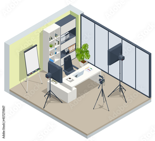 Isometric Video Blogger Recording Video With Camera. Equipment for making video for blog, vlog review or online streaming. Studio lamp light ring, selfie photo camera stick